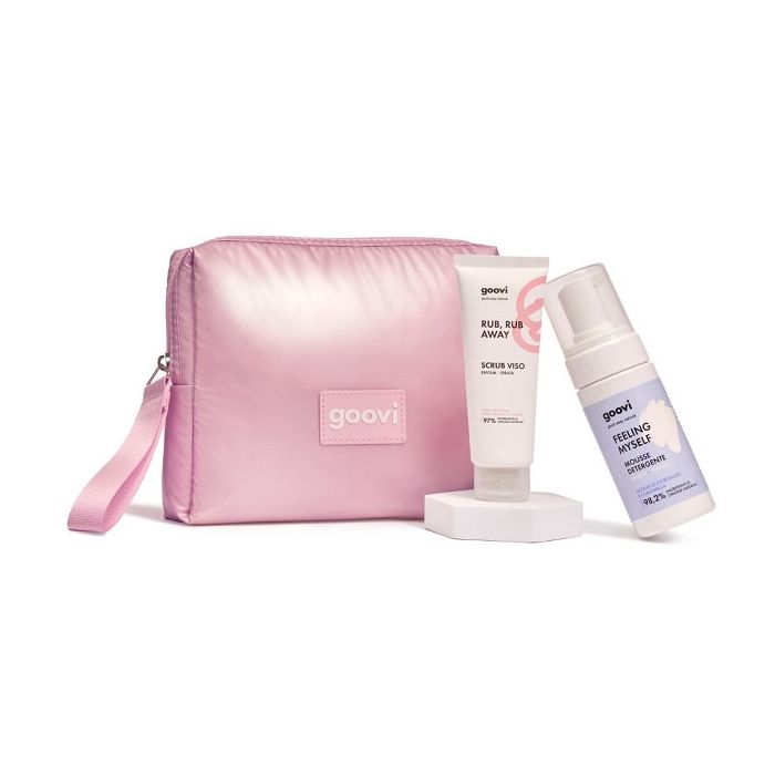 goovi box natale 2025 detersione 1 mousse detergente 100 ml + 1 scrub viso 75 ml + 1 pochette